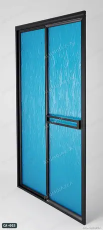 Cabina de baño corrediza en acrílico azul texturizado, marco negro – CA-003 | Aluminazca Medellín