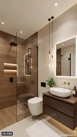 Cabina de baño en vidrio templado transparente, panel fijo (baño en madera) – CA-030 | Aluminazca Medellín