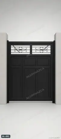 Puerta de garaje metálica negra con vidrio y reja decorativa superior – GA-001 | Aluminazca Medellín
