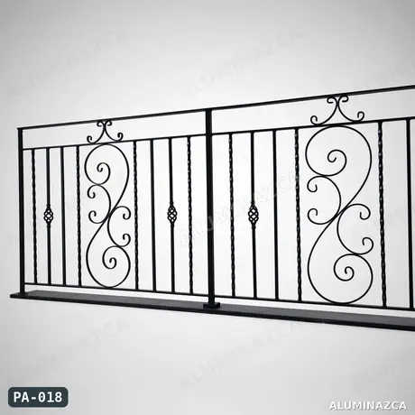 Barandal en hierro forjado negro con espirales decorativas – PA-018 | Aluminazca Medellín