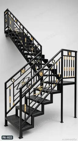 Escalera metálica negra con barandal forjado y detalles dorados – PA-022 | Aluminazca Medellín