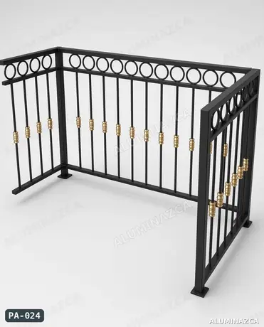 Barandal en hierro negro con aros decorativos y detalles dorados, esquina – PA-024 | Aluminazca Medellín