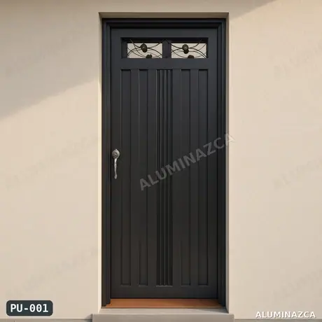 Puerta metálica negra con vidrio y reja decorativa superior – código PU-001