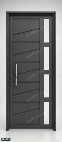 Puerta moderna gris oscuro con ventanas verticales y manija larga – código PU-005