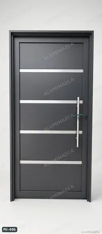Puerta moderna gris oscuro con franjas en aluminio y manija larga – código PU-006