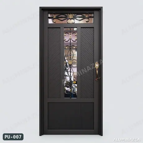 Puerta metálica negra con vidrio central y reja forjada decorativa – código PU-007