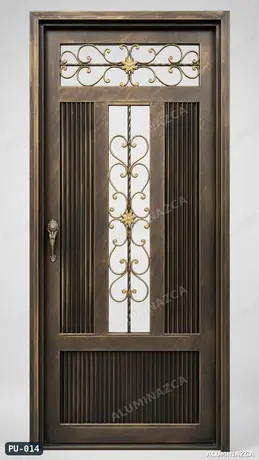 Puerta metálica envejecida con vidrio central y reja forjada decorativa – PU-014 | Aluminazca Medellín