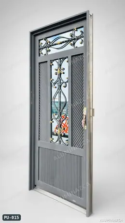 Puerta metálica gris con vidrio, reja forjada y malla – PU-015 | Aluminazca Medellín