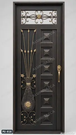 Puerta metálica envejecida con diseño floral dorado – PU-016 | Aluminazca Medellín