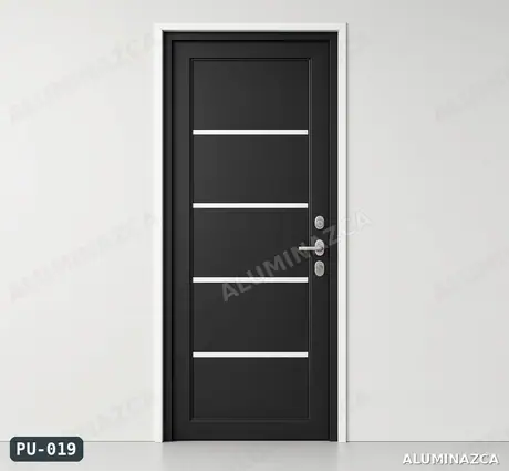 Puerta moderna negra con franjas en aluminio – PU-019 | Aluminazca Medellín