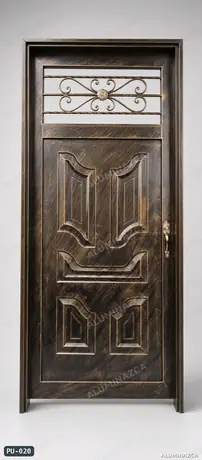 Puerta metálica envejecida de relieve con reja superior – PU-020 | Aluminazca Medellín
