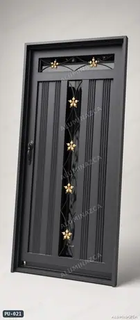 Puerta negra con vidrio y reja forjada con detalles dorados – PU-021 | Aluminazca Medellín