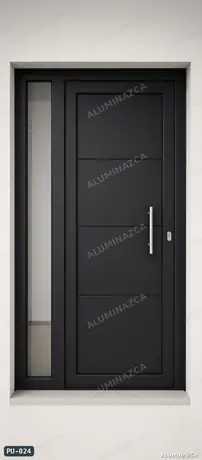 Puerta moderna negra con panel lateral de vidrio y manija larga – PU-024 | Aluminazca Medellín