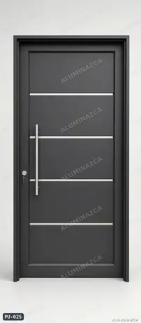 Puerta moderna negra con franjas en aluminio y manija larga – PU-025 | Aluminazca Medellín