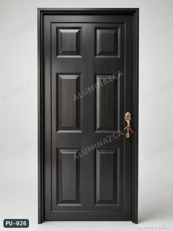 Puerta negra clásica de 6 paneles con manija dorada – PU-026 | Aluminazca Medellín
