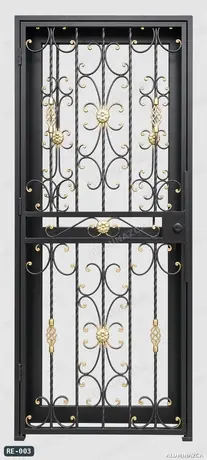 Reja para puerta o ventana alta en hierro forjado negro con detalles dorados – código RE-003