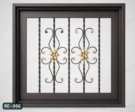 Reja de ventana forjada negra con flores doradas y marco café – código RE-006