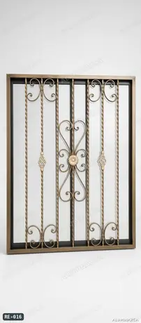 Reja de ventana forjada dorada con barrotes torneados y marco café – RE-016 | Aluminazca Medellín