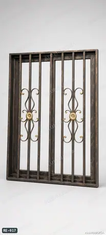 Reja de ventana corrediza forjada con espirales y marco café – RE-017 | Aluminazca Medellín