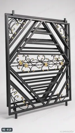 Reja de ventana de diseño geométrico en hierro forjado con detalles dorados – RE-018 | Aluminazca Medellín