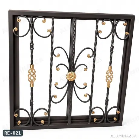 Reja de ventana forjada con espirales, canastillas y flor dorada – RE-021 | Aluminazca Medellín