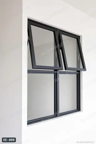 Ventana proyectante en aluminio negro, 2 hojas con paños fijos – VE-009 | Aluminazca Medellín