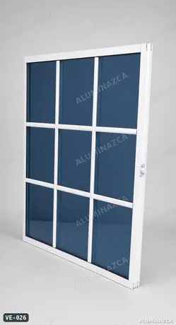 Ventana fija en aluminio blanco con retícula y vidrio azul – VE-026 | Aluminazca Medellín