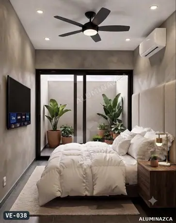 Ventanal corredizo en aluminio negro hacia patio interior (render) – VE-038 | Aluminazca Medellín